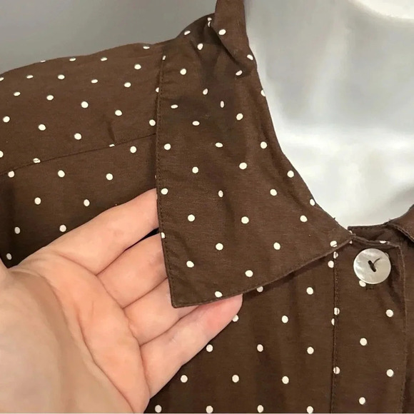 Women 8P Brown Polka Dot Floral Dress Pleated‎ Tie Sash Classic Dainty Pin Up - Picture 6 of 16